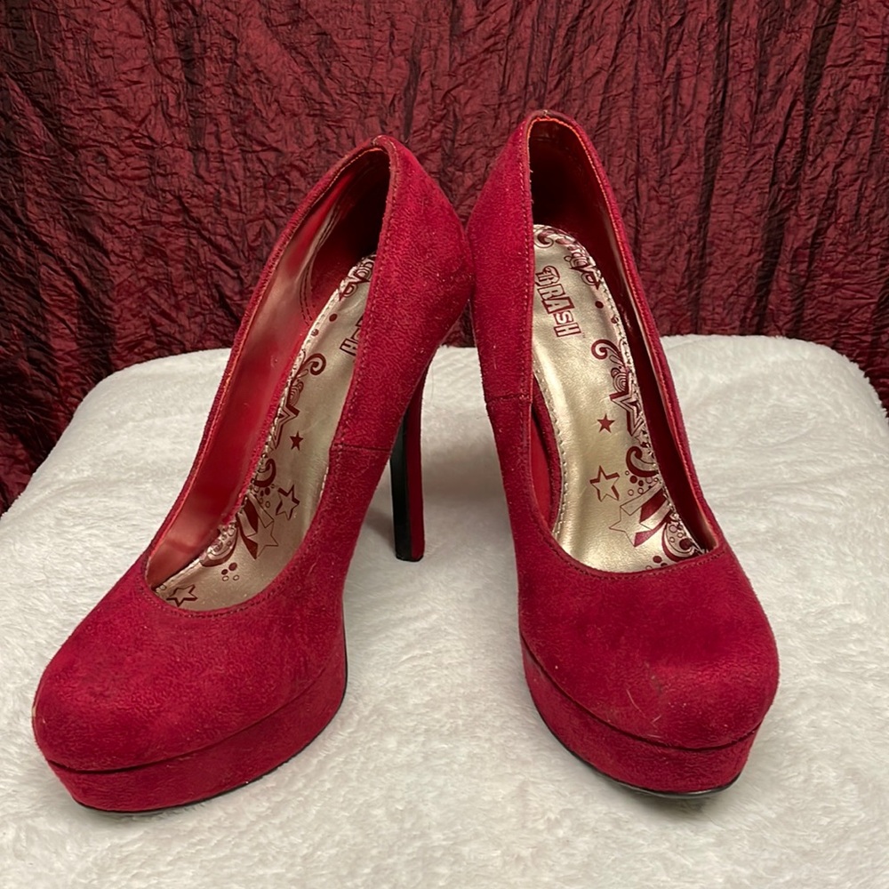 BRASH red suede stiletto heels